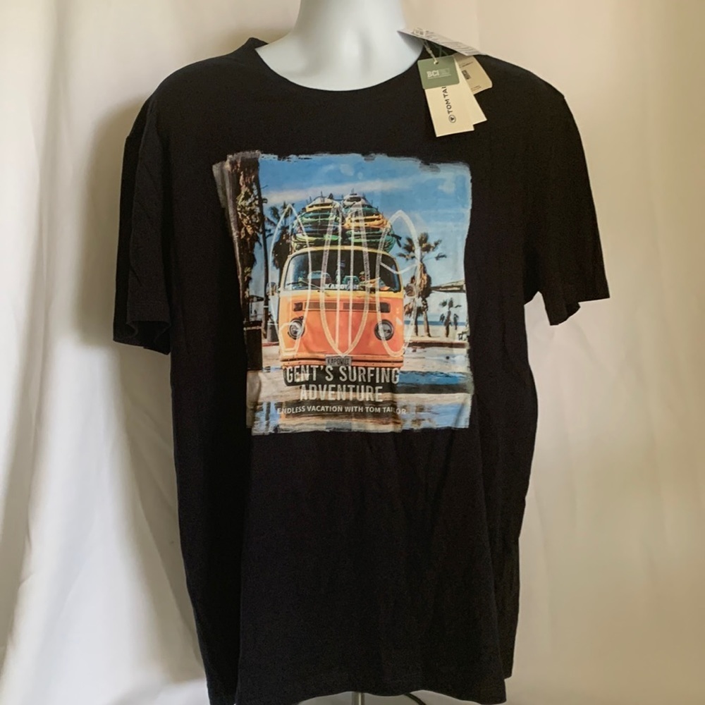 Tom Taylor Men’s XXL Navy Short Sleeve Beach Bus Front Graphic Cotton T-shirt